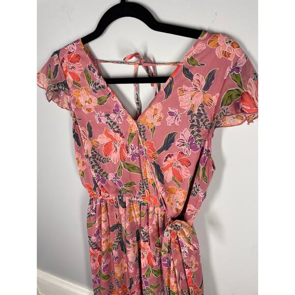 Band of Gypsies, Size Small, Pink Floral Faux Wrap Maxi Dress, Flutter Sleeve - Picture 2 of 7